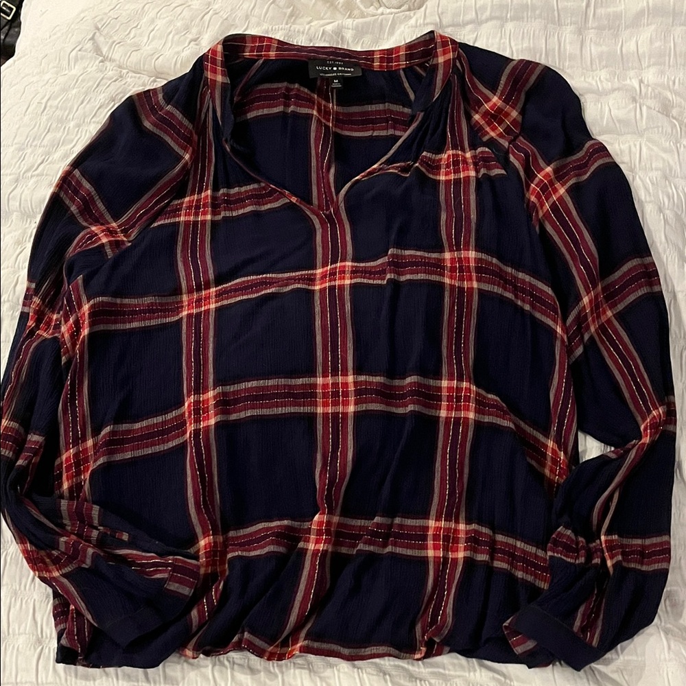 Black Rivet Women's Navy and Red Plaid Blouse